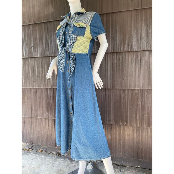 🔥VTG Nina Piccalino Denim Dress Fit & Flare Button Down Patchwork Boho Cottage - Picture 3 of 14